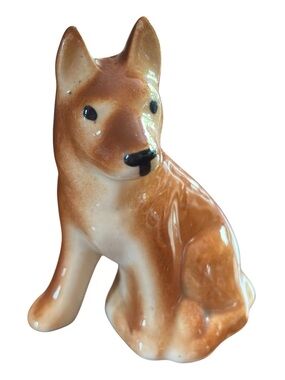 Vintage Ceramic Sitting German Shepherd Dog Figurine - Brown and Cream